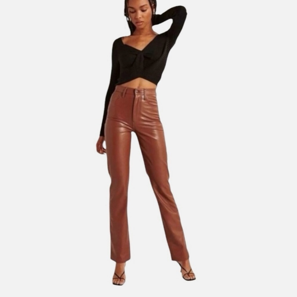 Abercrombie & Fitch Vegan Leather 90s Straight Ultra High Rise Pants Brown Sz 26